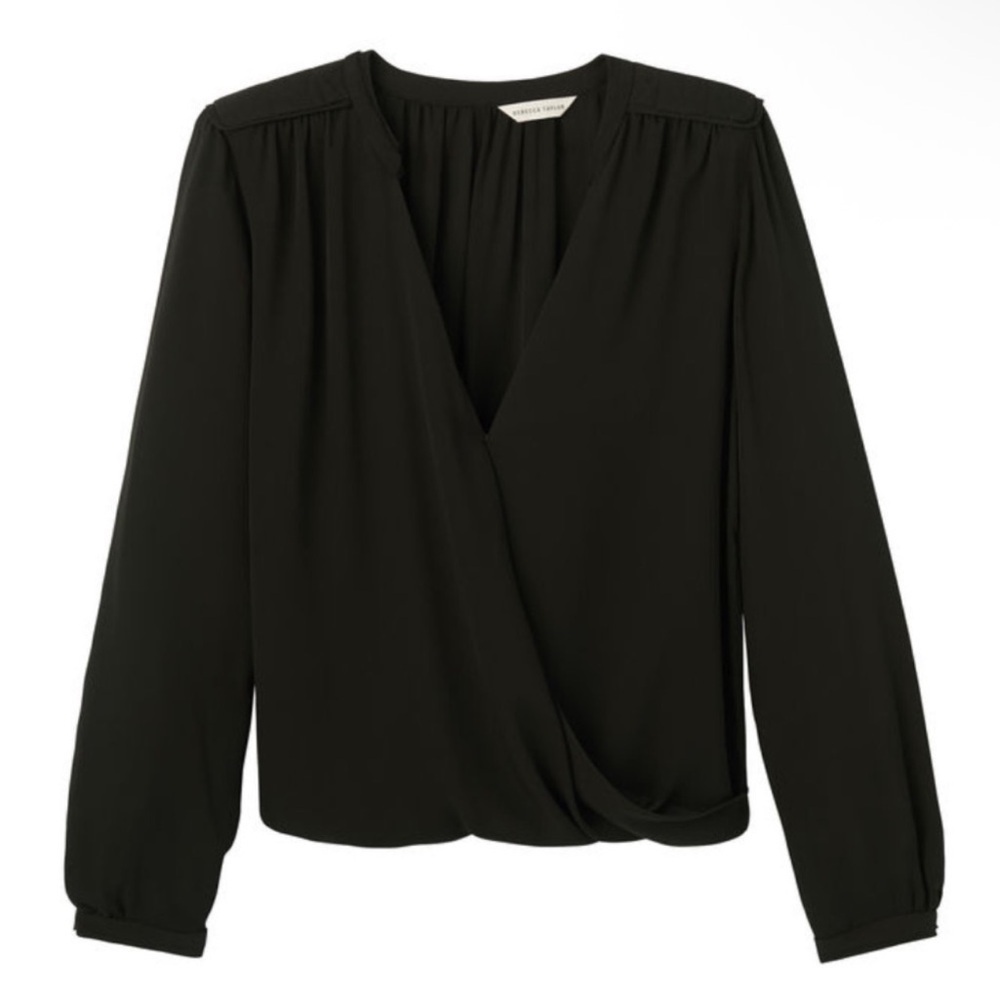 Rebecca Taylor Silk Blouse Long Sleeve Criss Cross Drape V-Neck Black Size 6